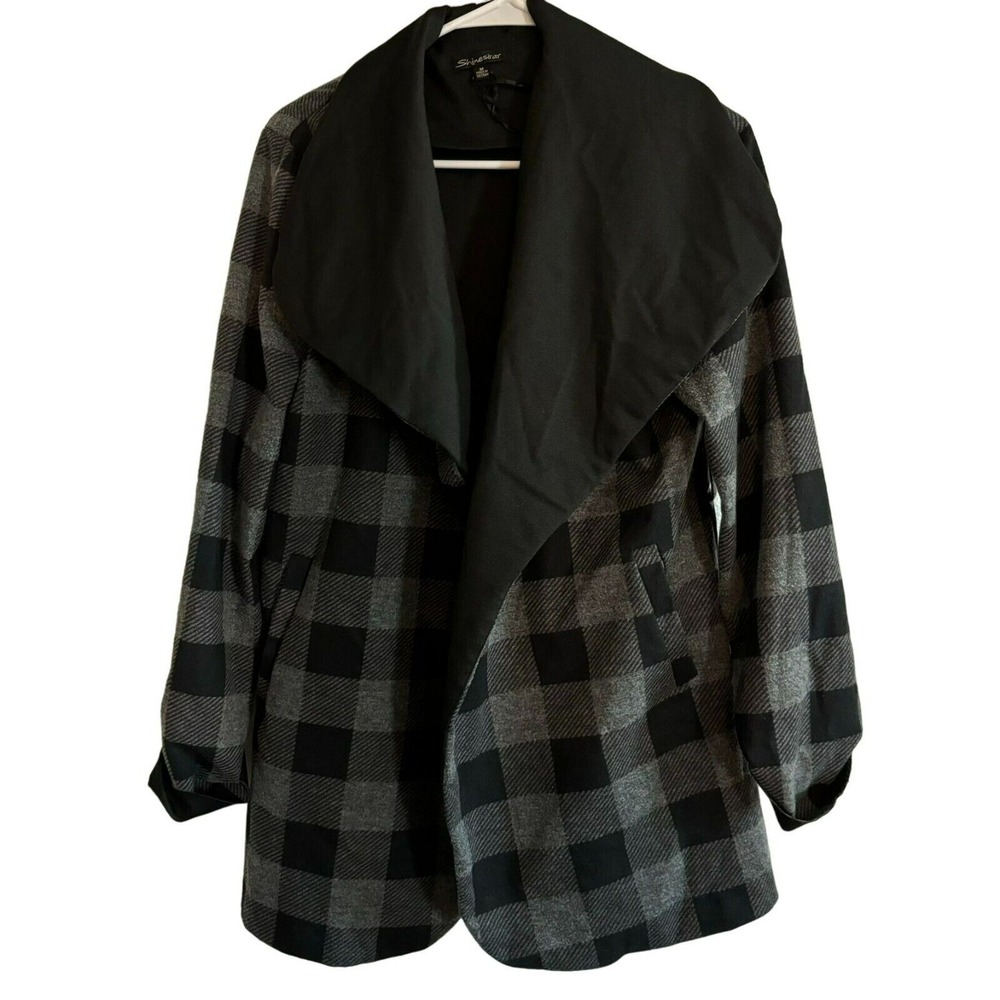 Shinestar Women's Coat Size Medium Polyester Stretch Black Plaid Peacoat